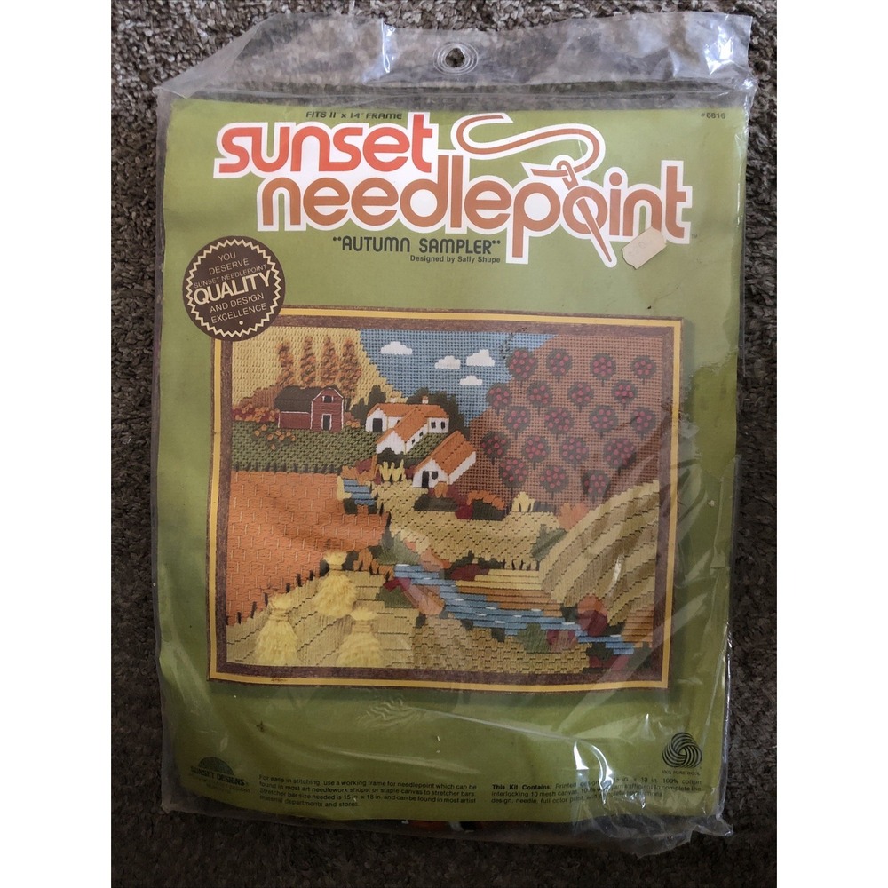 Vtg Sunset Needlepoint Kit Autumn Sampler Sally Shupe 15x18 Sealed 1978 Farm NOS